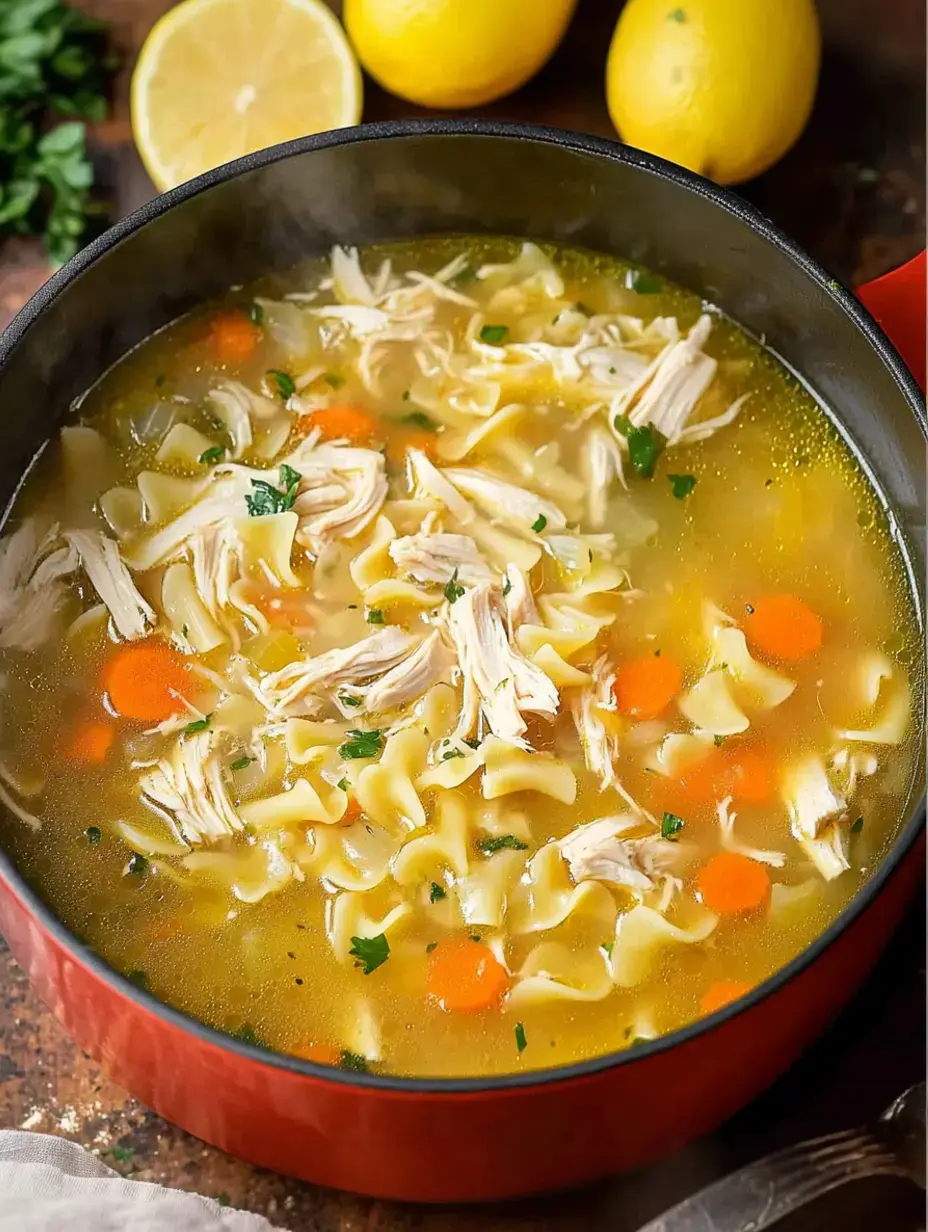 A hot bowl of chicken noodle soup with chunks of chicken, orange carrots and green parsley garnish, with cut lemons placed nearby.