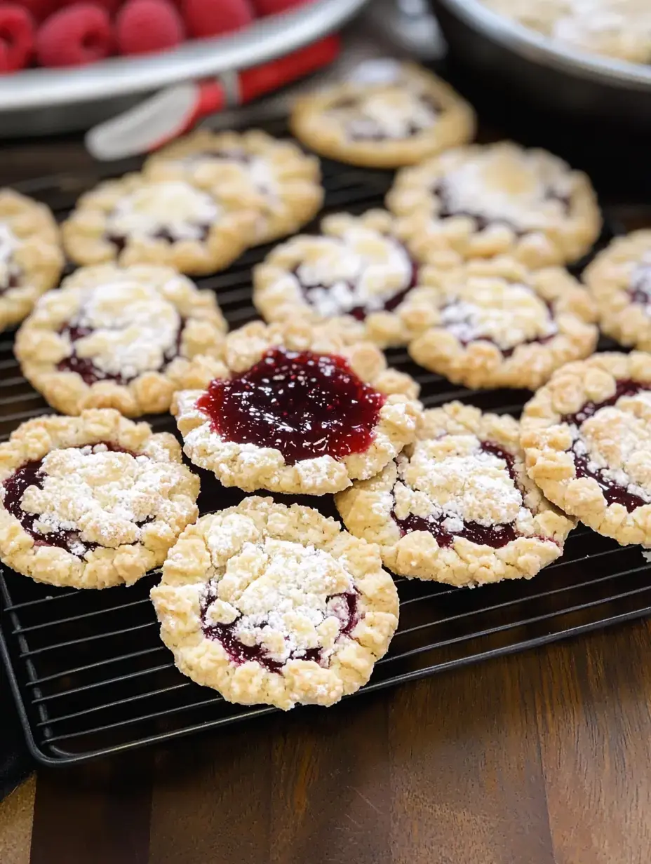A batch of sugar-dusted raspberry cookies with jam centers cooling on a wire rack after baking.