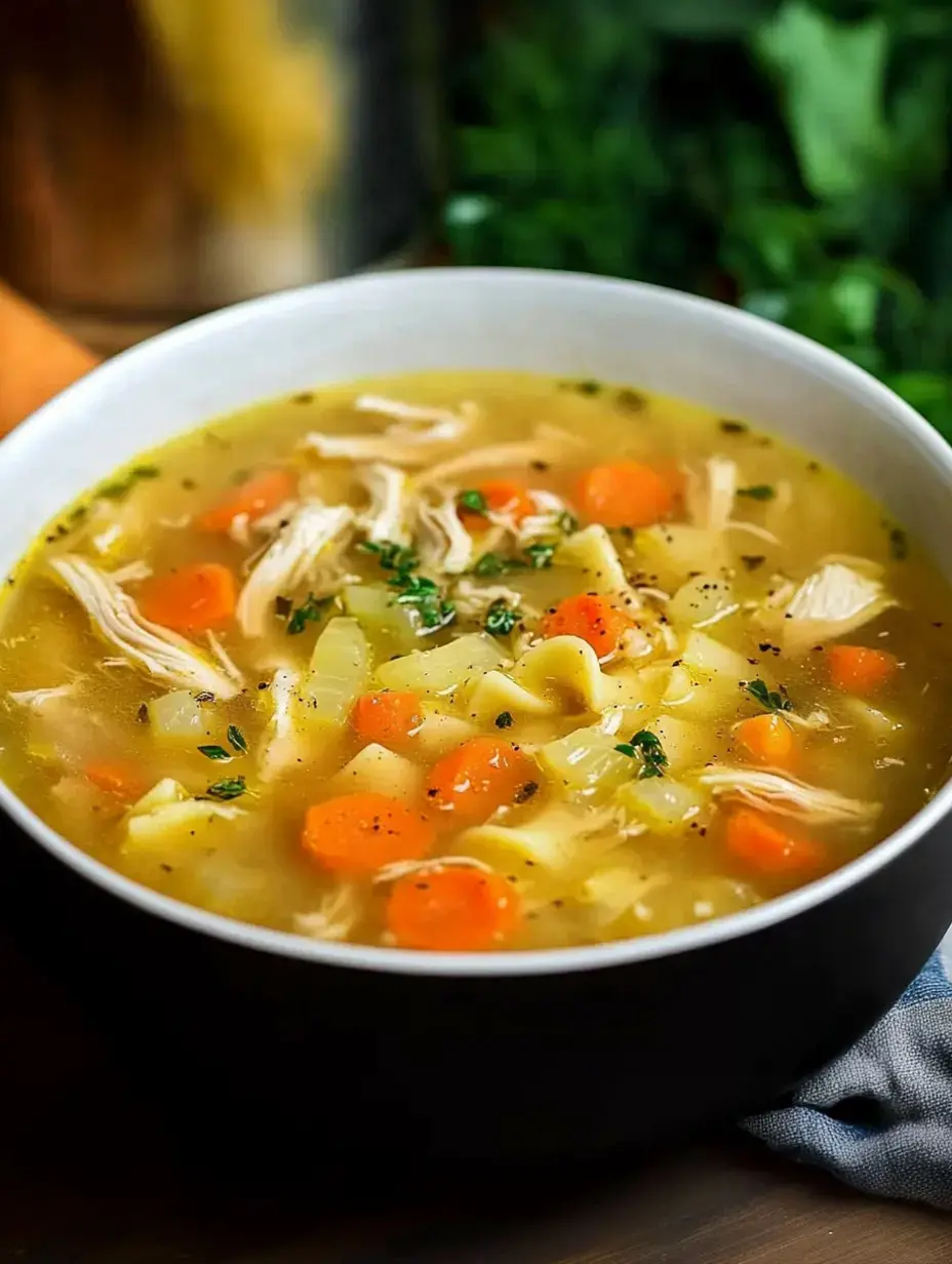 A hearty bowl containing chicken soup with soft noodles, pulled chicken pieces, bright carrots and green celery topped with fresh herbs.