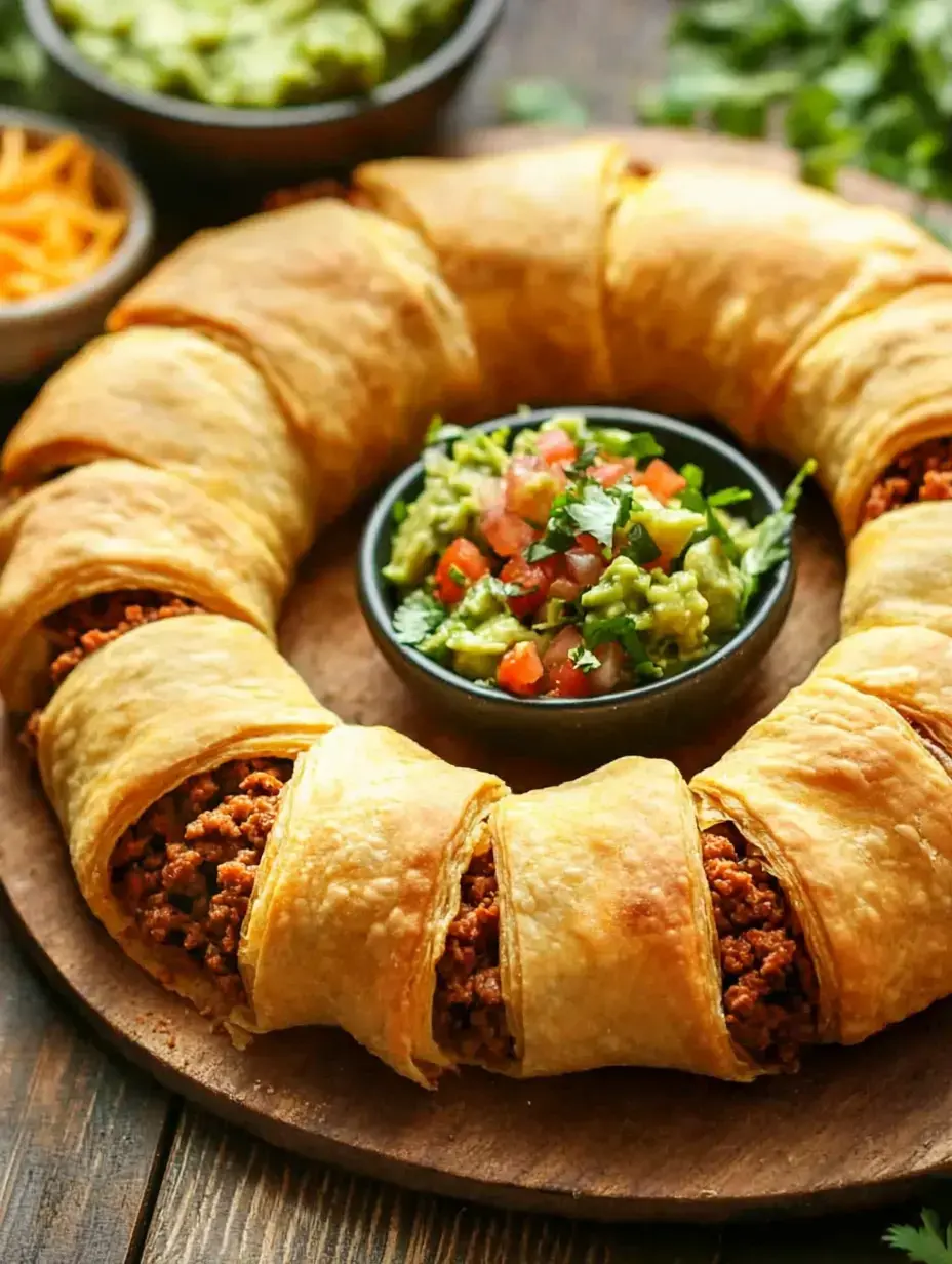 A golden ring of baked dough filled with taco meat, accompanied by small bowls containing guacamole, chopped tomatoes, and shredded cheese.