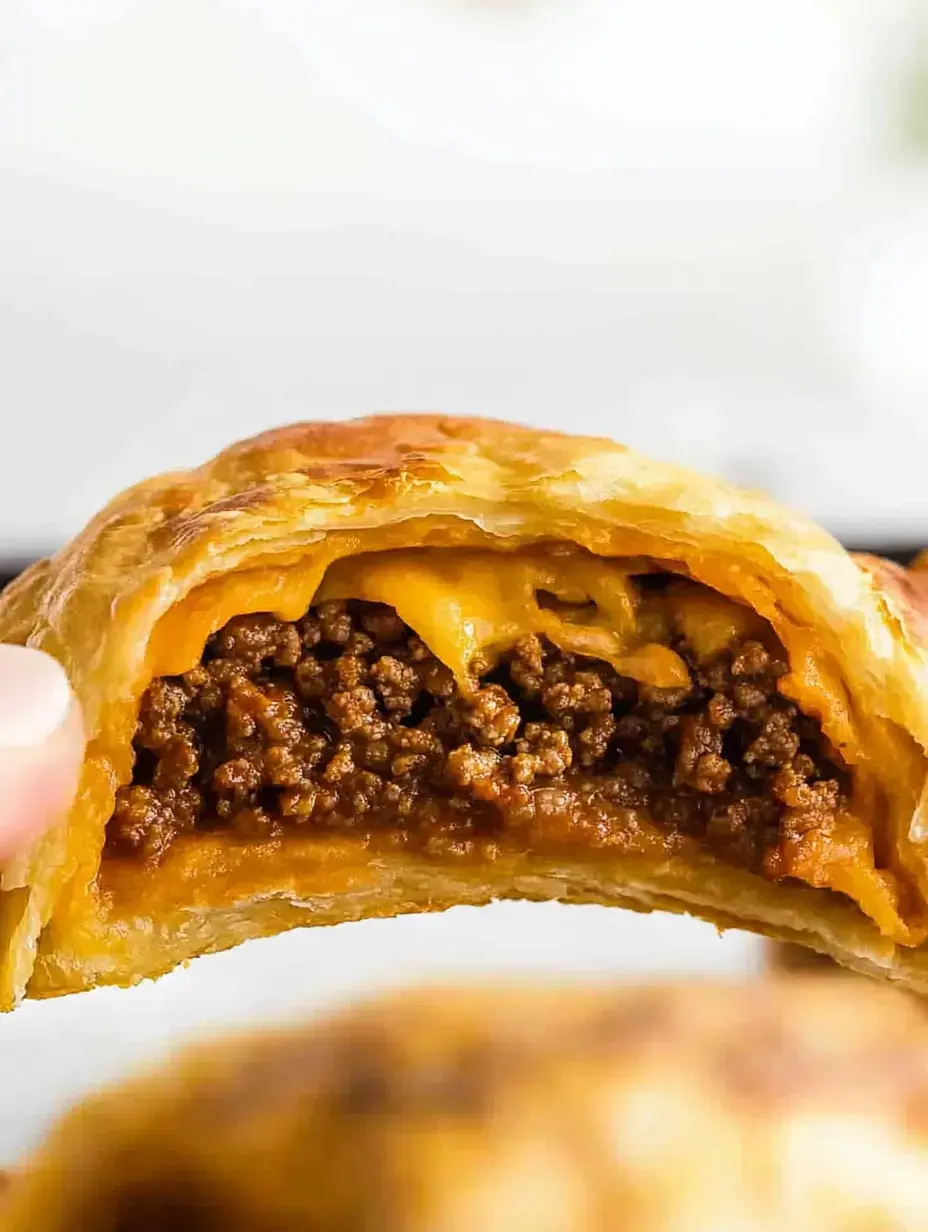 An up-close view showing layers of flaky dough surrounding spiced ground beef and melty cheese filling.