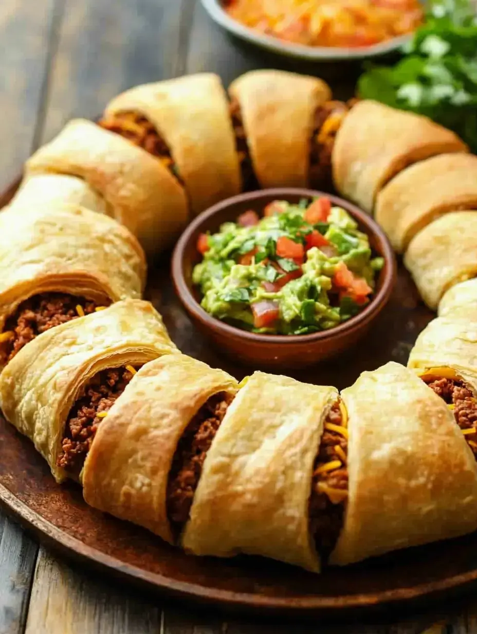 A plate featuring crescent-shaped baked pastries stuffed with seasoned meat and melted cheese, served with dipping bowls of green guacamole and chunky salsa.