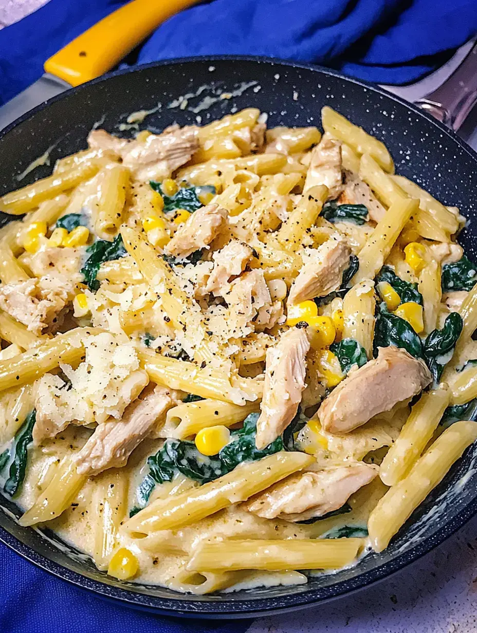 A pan full of velvety pasta combined with chicken chunks, wilted spinach, and sweet corn, finished with cheese and freshly cracked pepper.