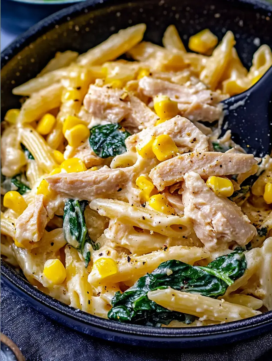 Steamy penne pasta mixed with juicy shredded chicken, bright corn kernels, and fresh spinach, topped with black pepper for extra kick.