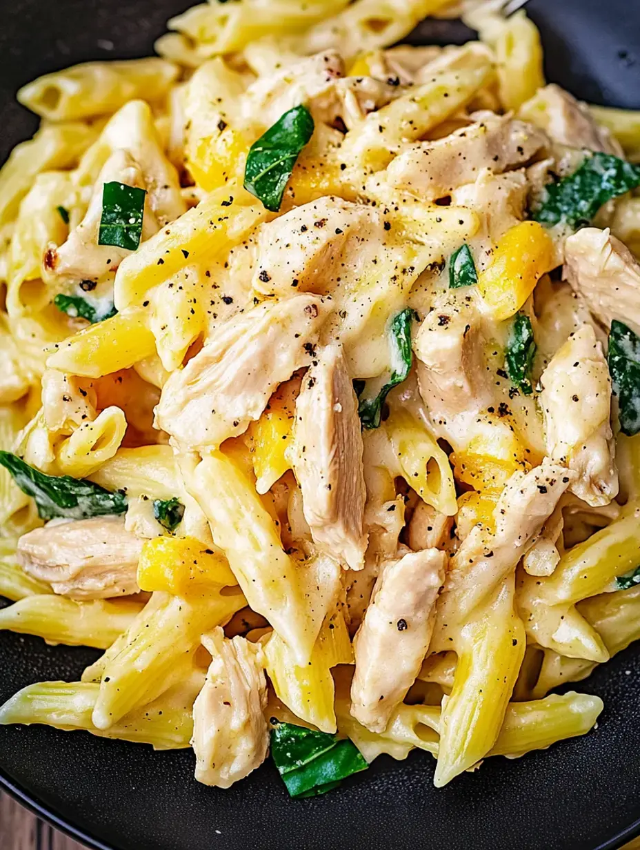 Rich pasta dish featuring tender penne tubes, tasty chicken bits, and vibrant green spinach leaves, dusted with fresh pepper on a dark plate.