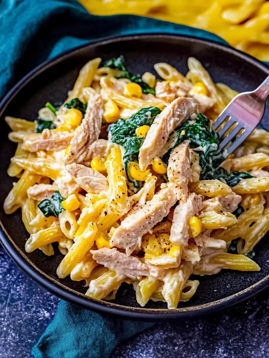 A comforting bowl of smooth pasta blended with tender chicken shreds, green spinach bits, and sweet corn niblets, finished with fresh black pepper.