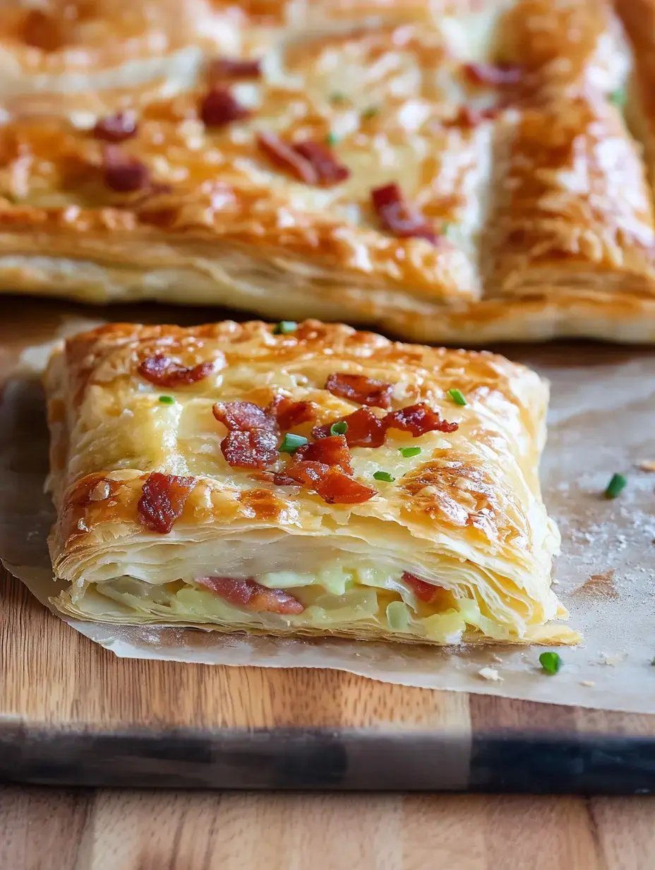 A golden pastry stuffed with bacon chunks and veggies sitting on a wooden board.