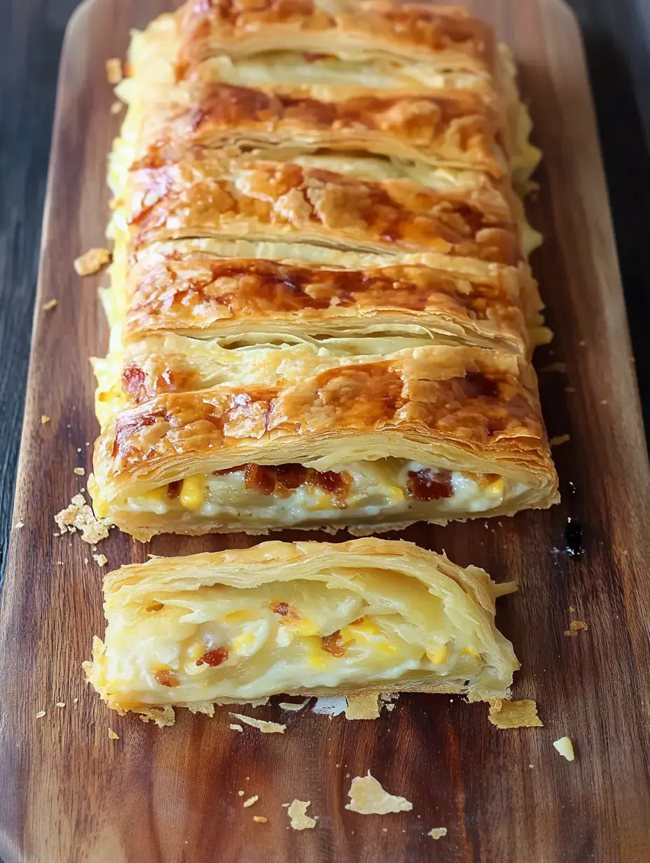 A sliced puff pastry loaf showing its creamy inside with corn and bacon bits resting on a wooden board.