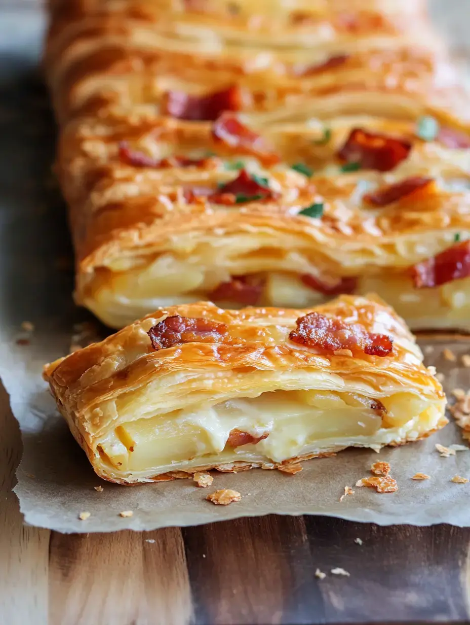 A puffy pastry full of melty cheese and tiny bacon pieces resting on a wooden surface.