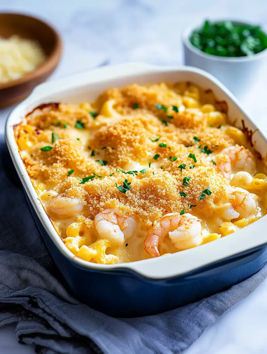 A baked pasta dish with shrimp, topped with a golden breadcrumb crust and scattered with green herbs, served in a white dish.
