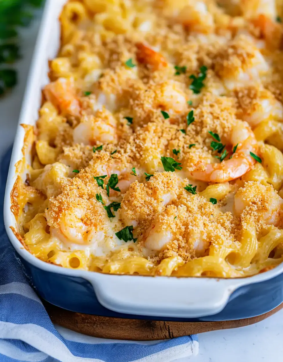 A creamy shrimp and pasta dish topped with golden breadcrumbs and fresh parsley, presented in a blue baking dish.