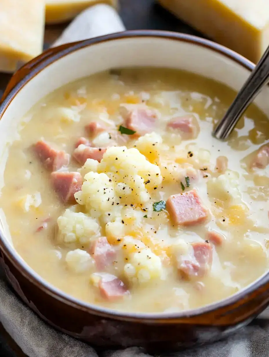 A serving of velvety soup containing cauliflower bits, ham pieces, and freshly ground black pepper.