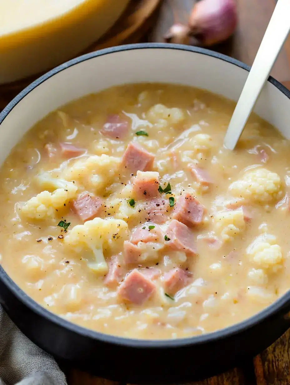 A detailed shot of thick cauliflower soup with ham chunks in a dark bowl, topped with fresh herbs and pepper.