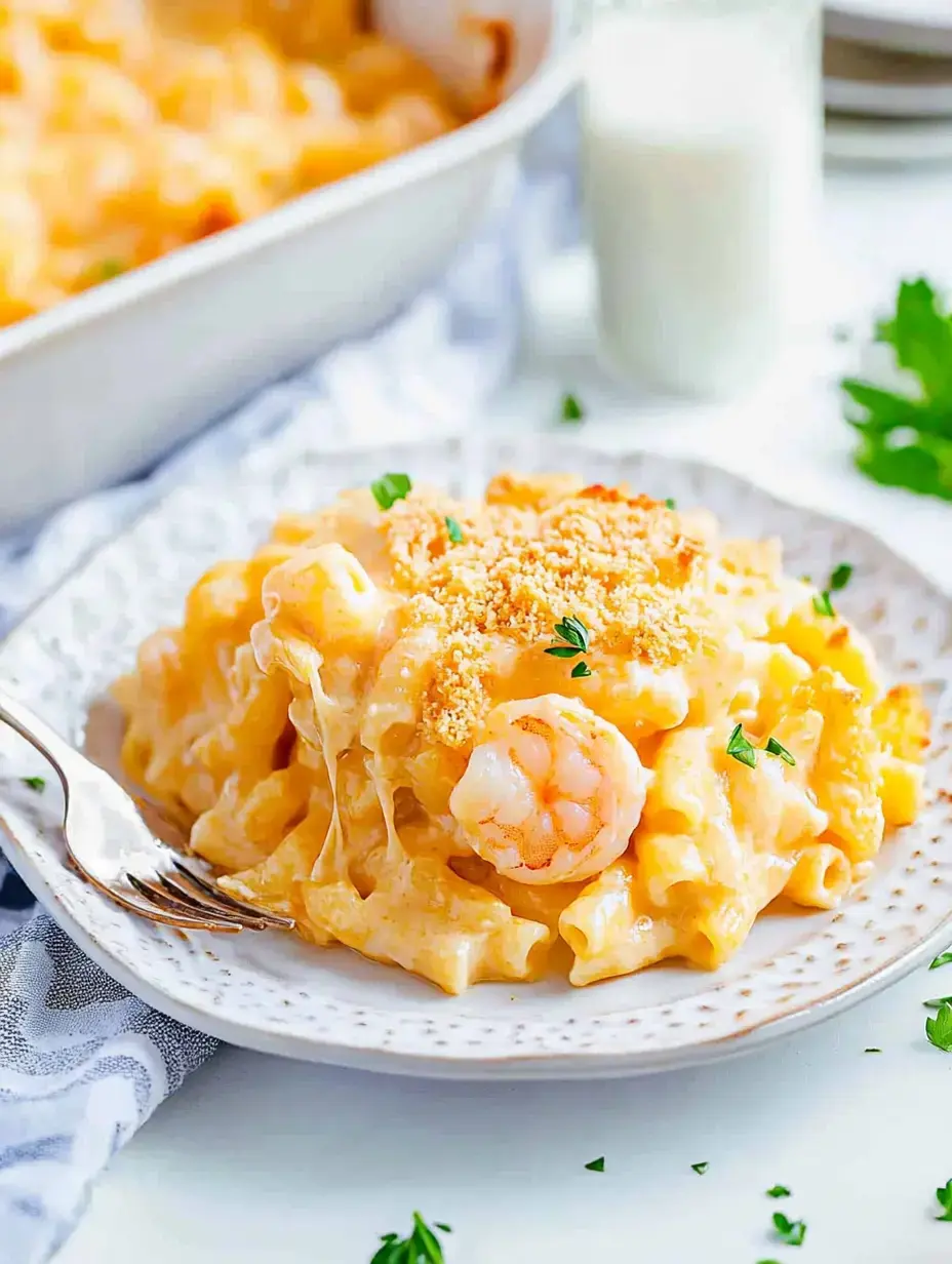 A plate of creamy shrimp pasta topped with breadcrumbs and garnished with parsley, with a casserole dish and a glass of milk in the background.