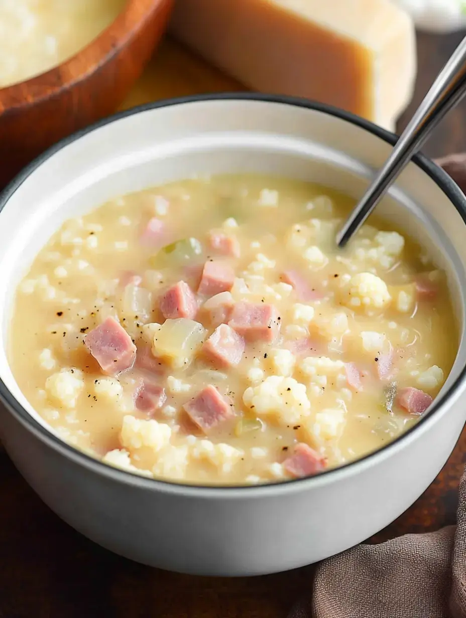 A hearty bowl filled with creamy soup containing ham pieces, cauliflower chunks and herbs, with wooden serving bowl and cheese block nearby.