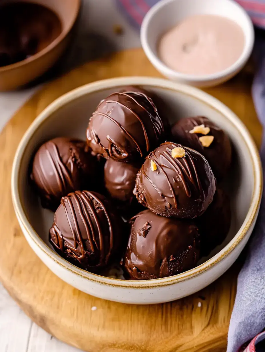 A dish of chocolate-covered treats drizzled with melted chocolate and sprinkled with nuts, next to a small container of sauce for dipping.