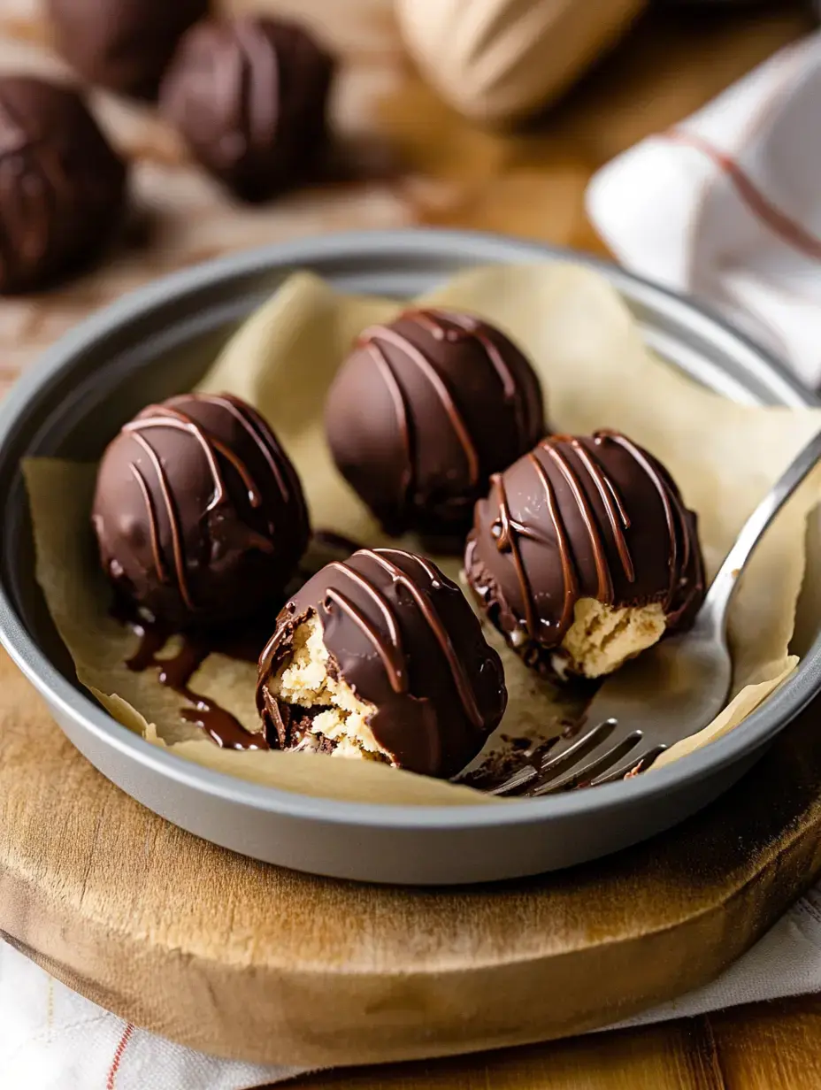 Chocolate candies arranged on parchment with one showing a bite mark revealing the lighter filling inside.