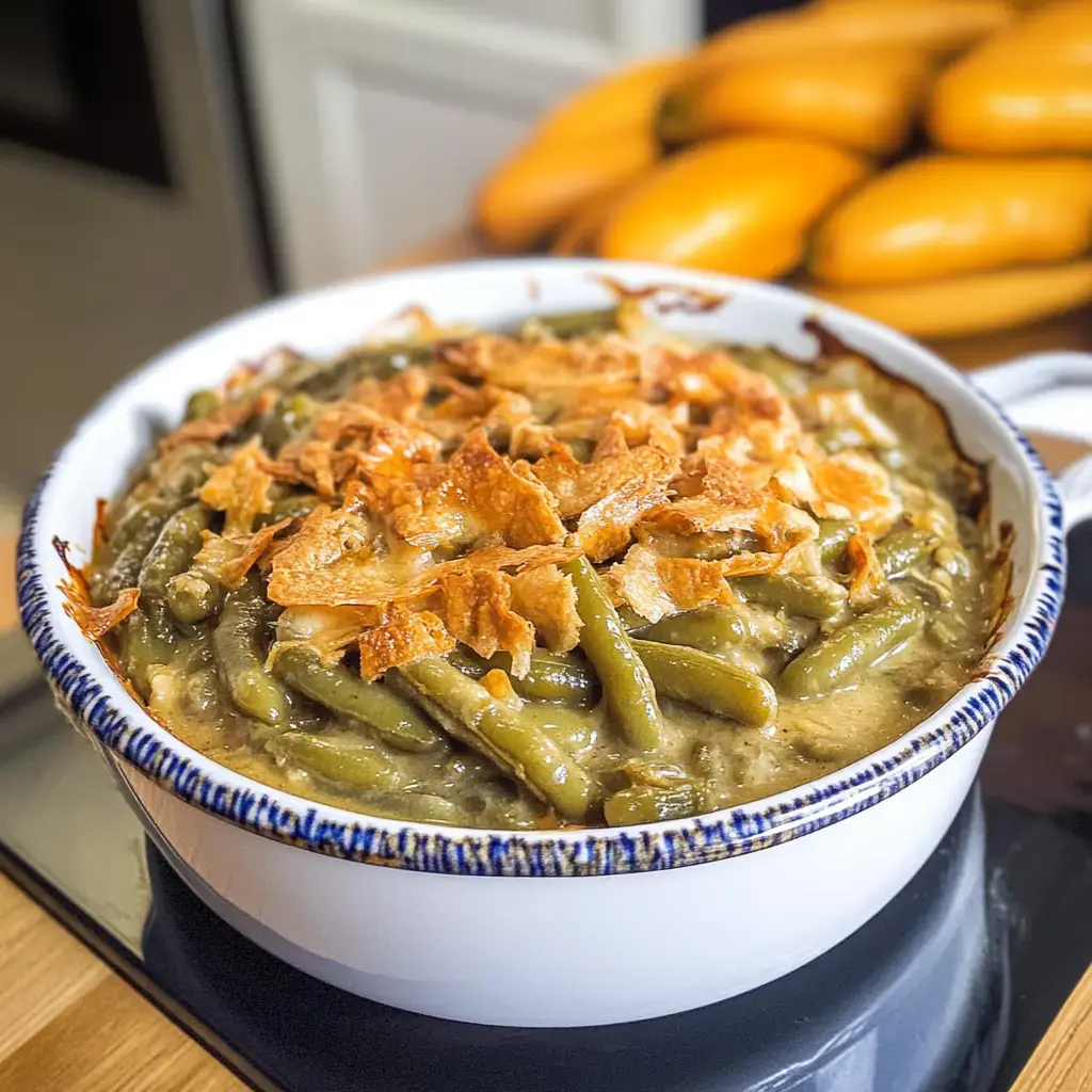 Bubbly green bean casserole with crispy onion topping in a white pan, yellow peppers sitting behind it.