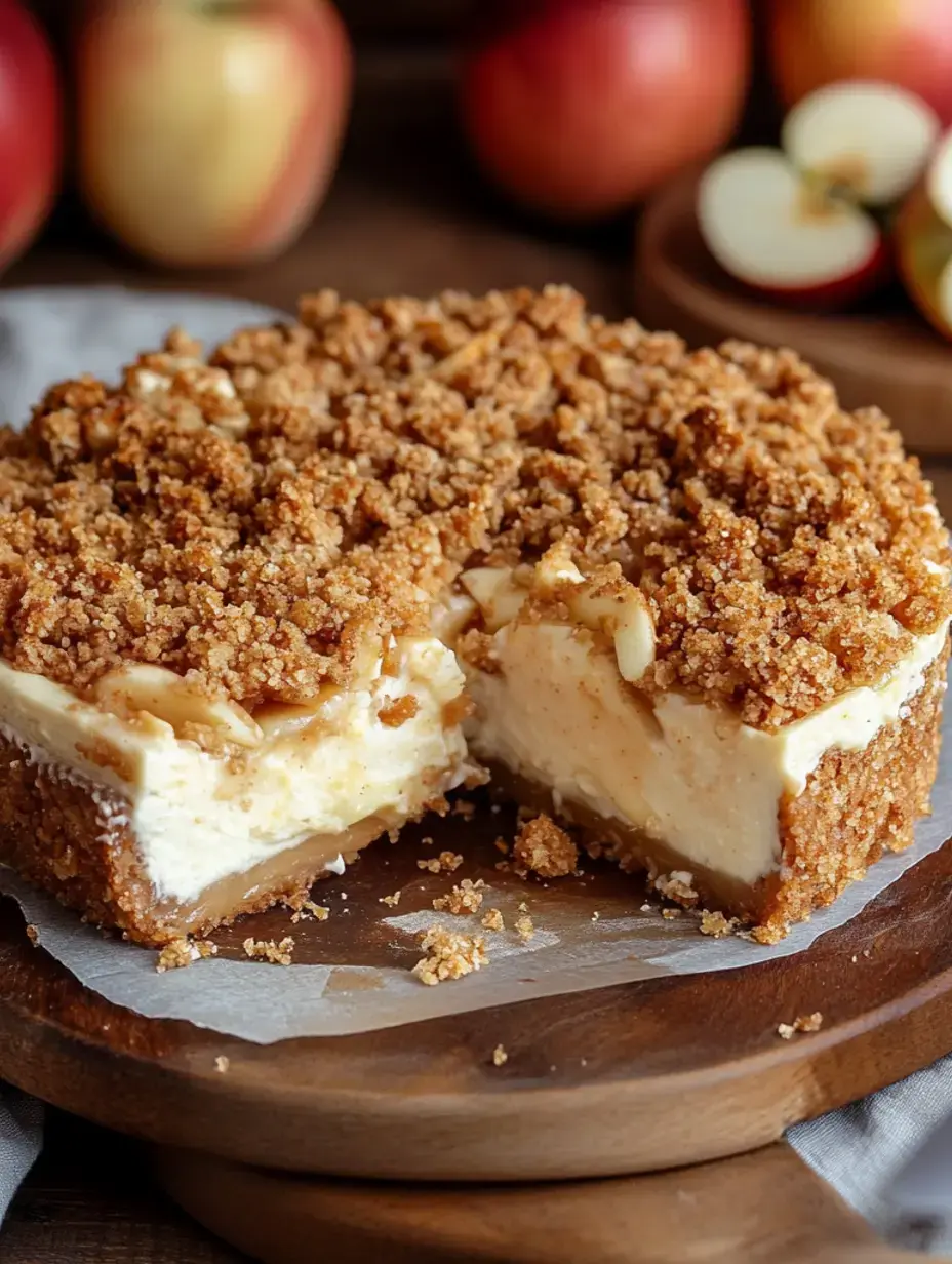A wooden surface holds a slice of creamy apple dessert with crumbly topping, with fresh apples placed around it.