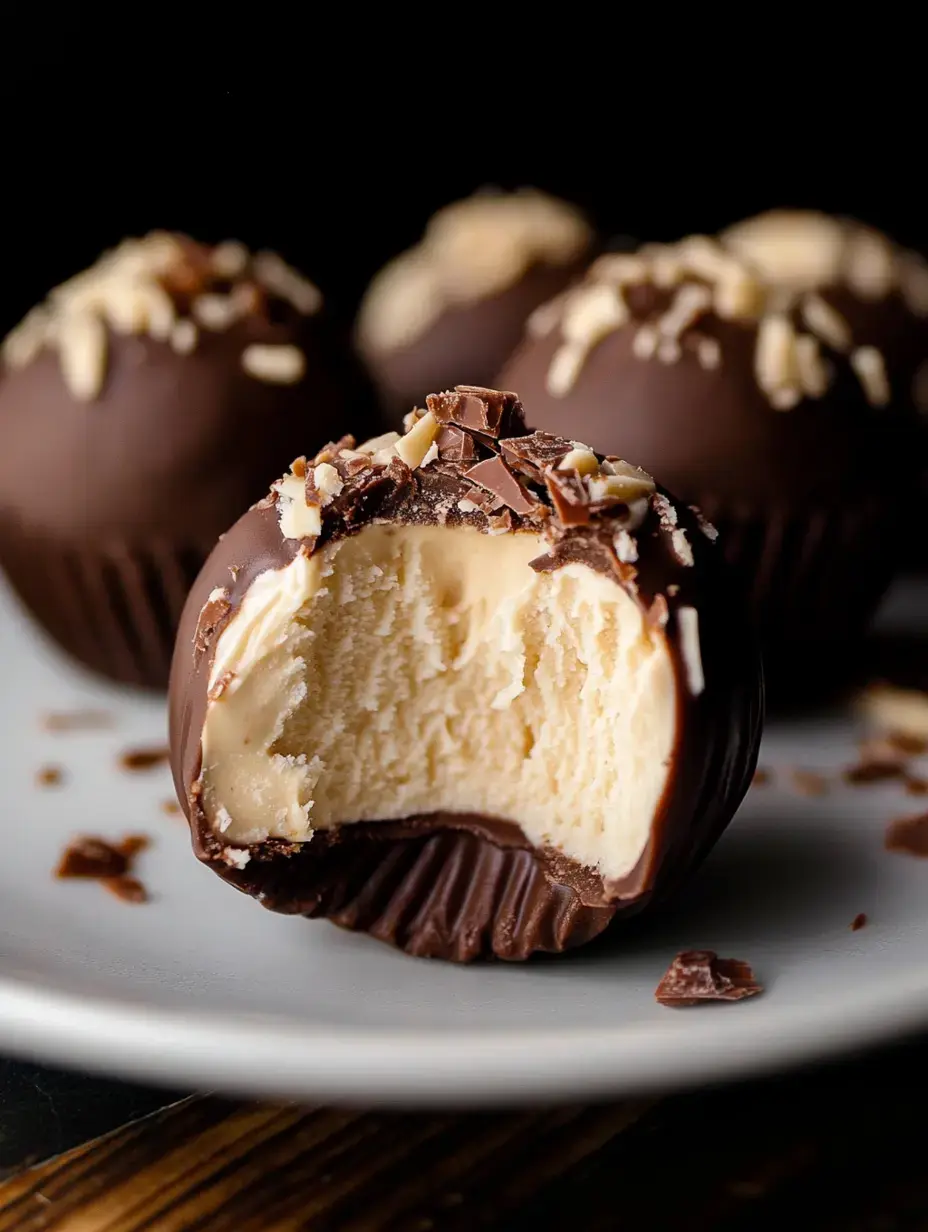 An up-close view of a chocolate treat with a bite missing, showing the pale, creamy inside and decorated with chopped nuts and chocolate pieces on top.
