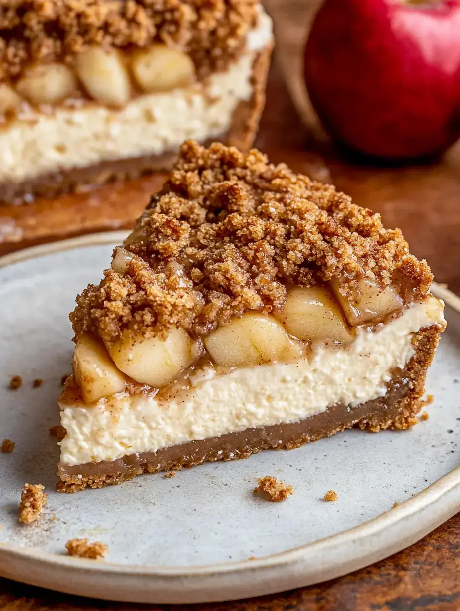 A plate holds a slice of cheesecake topped with sweet apples and brown sugar crumble, with a red apple placed beside it.