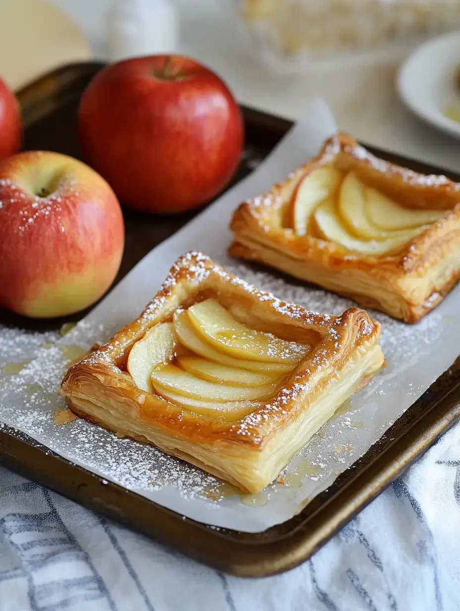 Two apple pastries sprinkled with powdered sugar on a tray, with several red apples nearby.