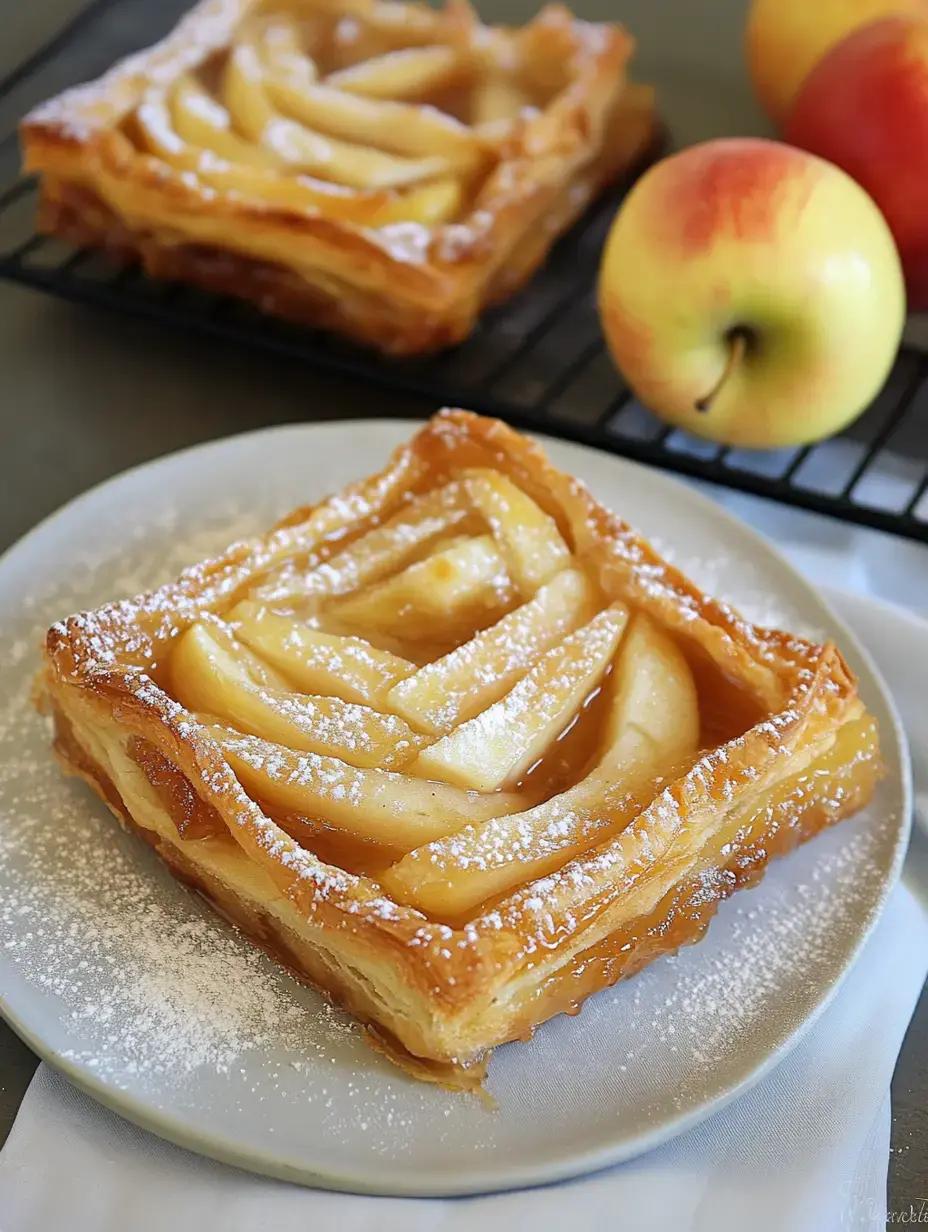Flaky pastry with thin apple slices and powdered sugar on a plate, whole apples visible in the background.