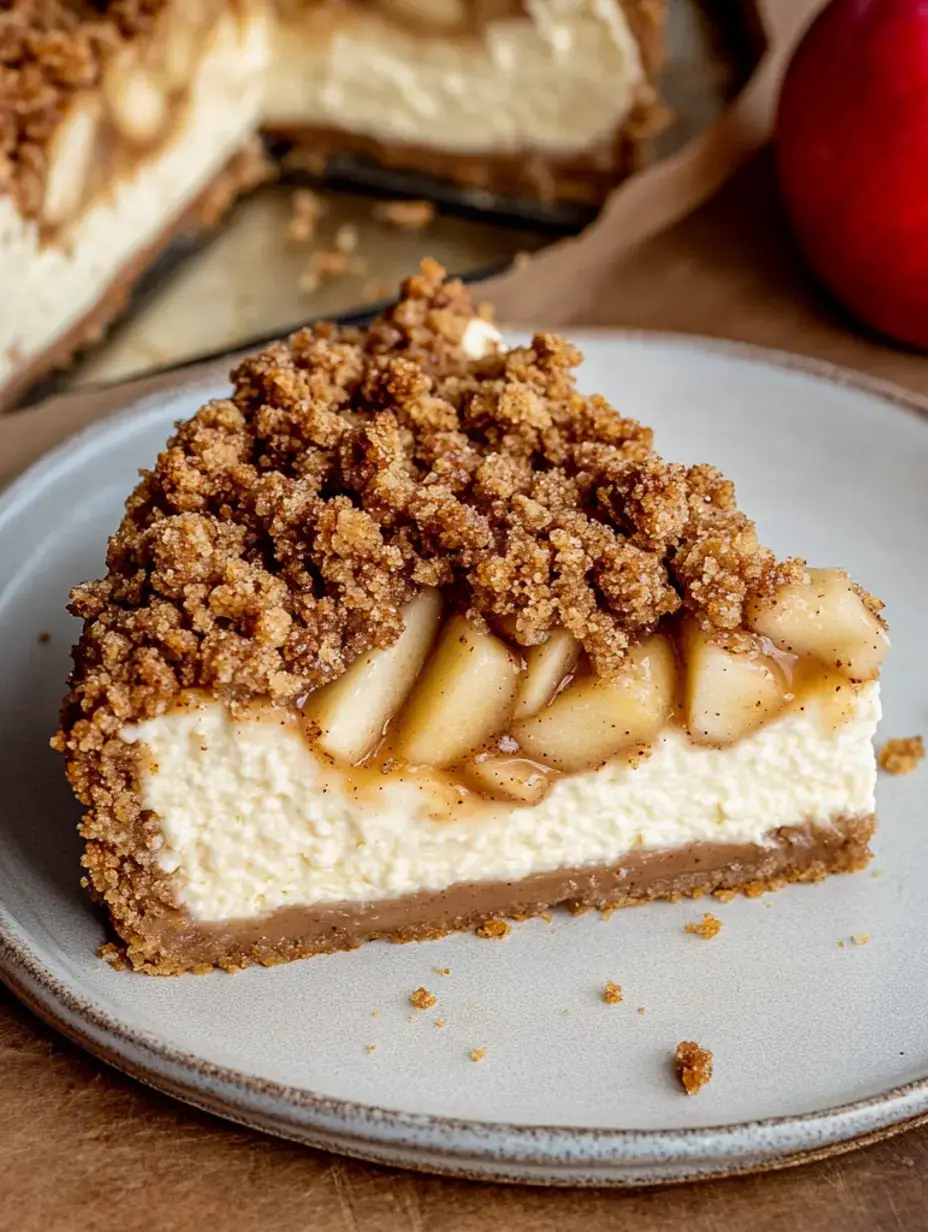 A plate holds a slice of apple cheesecake with streusel topping showing layers of cream filling and spiced apple chunks.