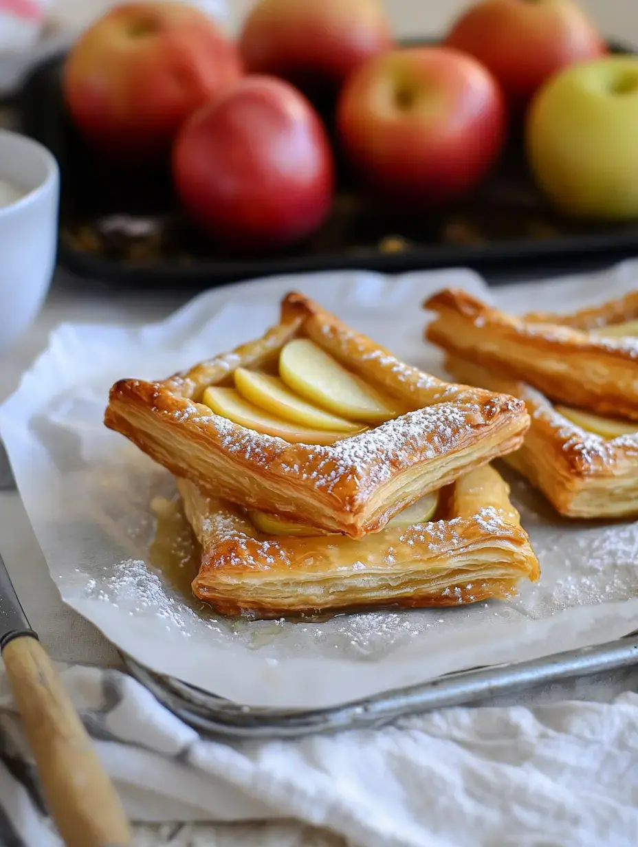 Square pastries topped with apple slices and powdered sugar on a plate, fresh apples scattered around in the background.