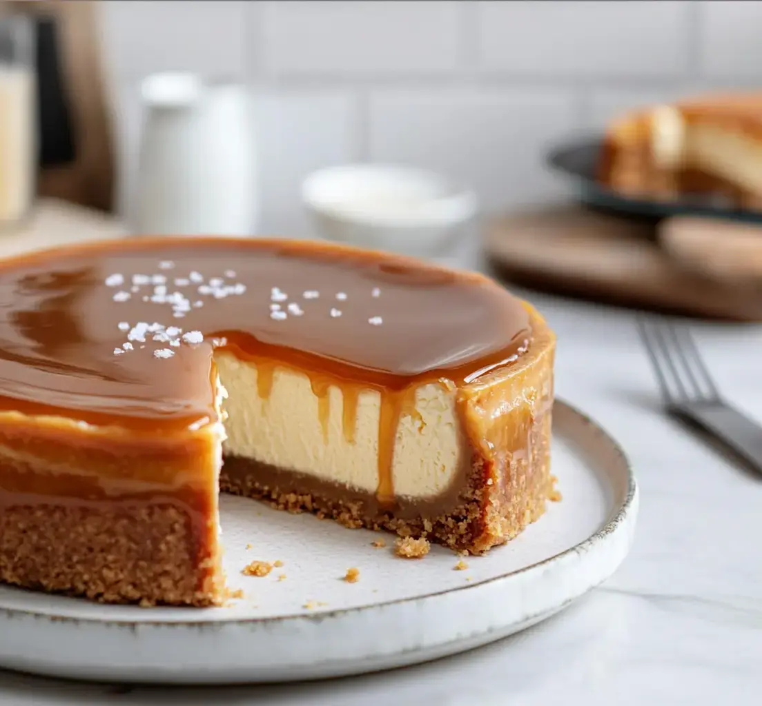 A luscious cheesecake drizzled with caramel and sea salt flakes, showing one slice removed, presented on a white serving plate.