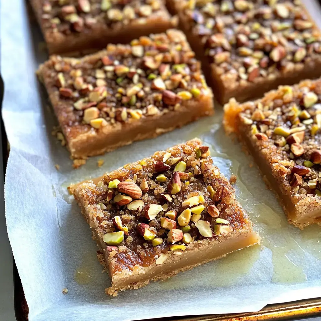 Dessert squares covered with chopped nuts arranged on baking paper.