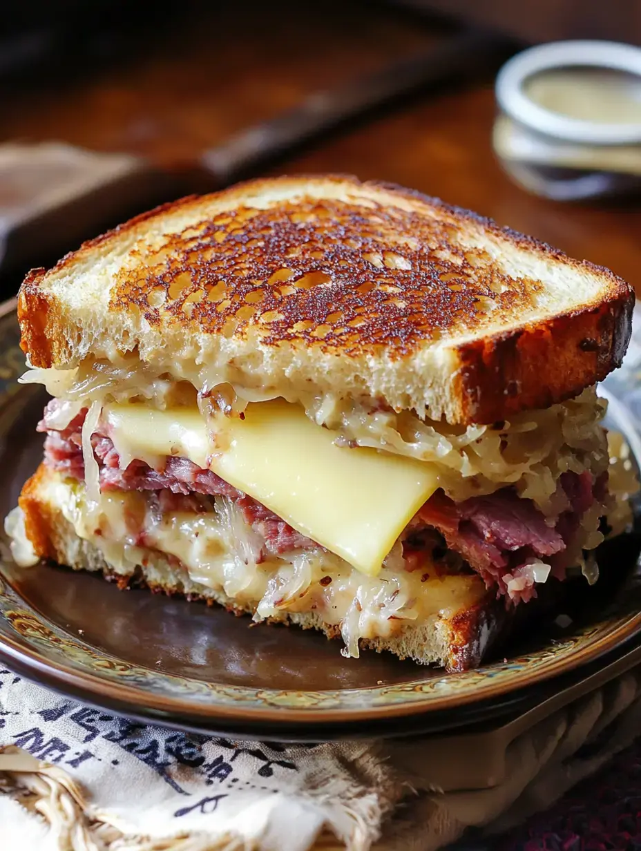 A grilled sandwich featuring layers of corned beef, melted cheese, and sauerkraut, served on toasted bread.