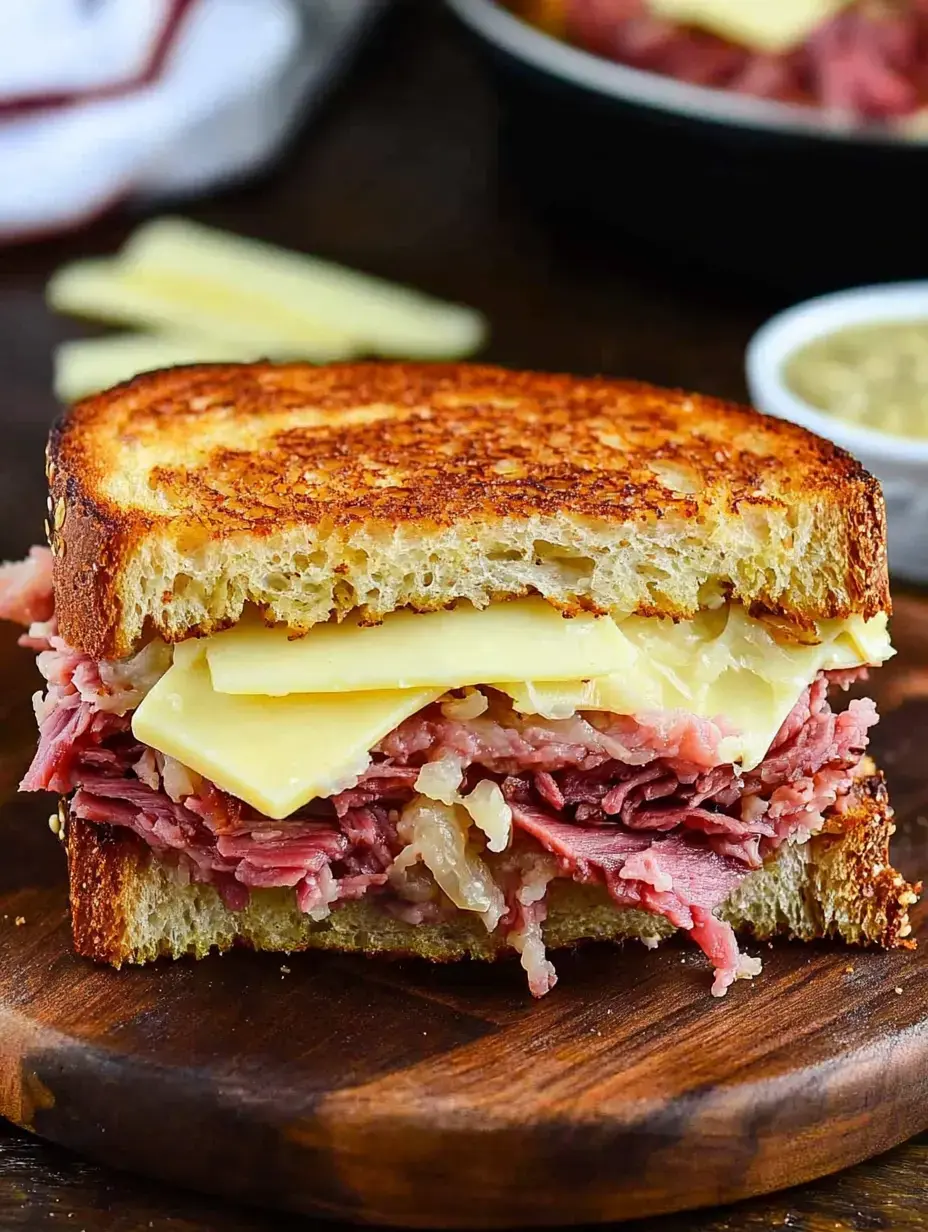 A toasted sandwich filled with layers of corned beef and melted cheese on rustic bread.
