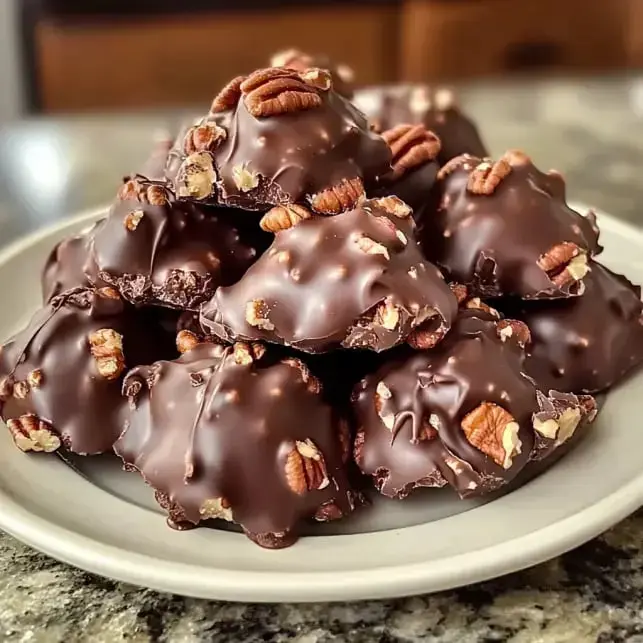 A big stack of chocolate pecan clusters on a plate ready to eat.