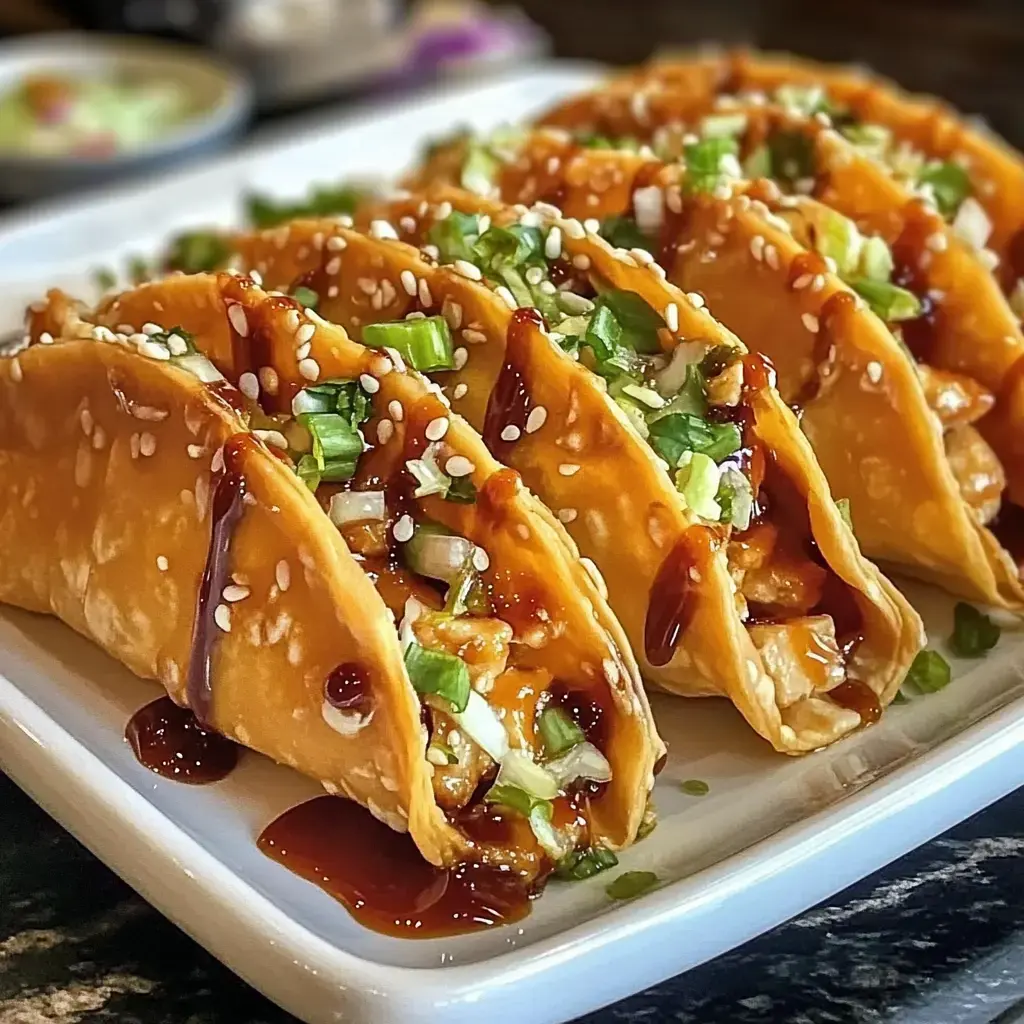 A plate with four golden tacos stuffed with meat, sprinkled with green onions and sesame seeds, then sauced up.