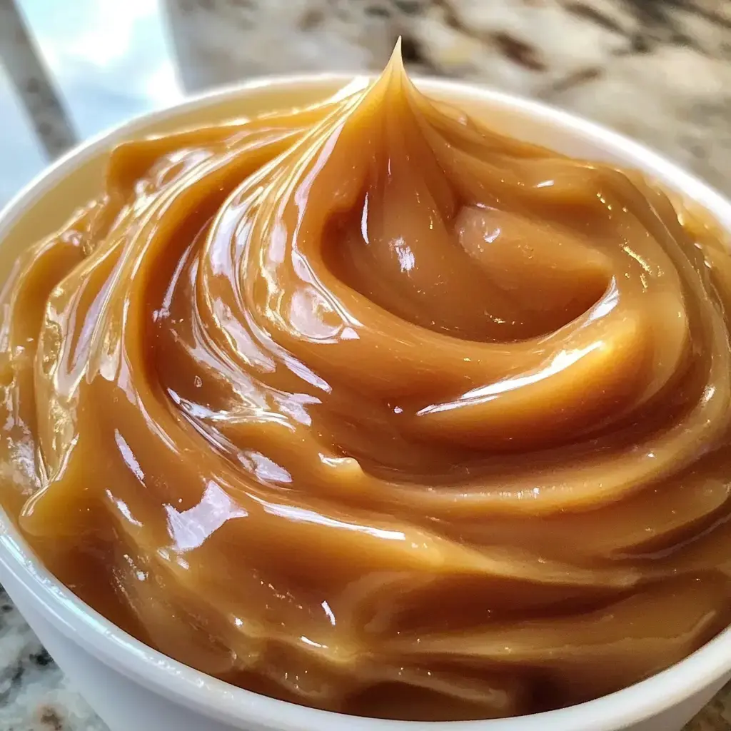Bowl filled with shiny caramel frosting, spoon swirling through it up close.