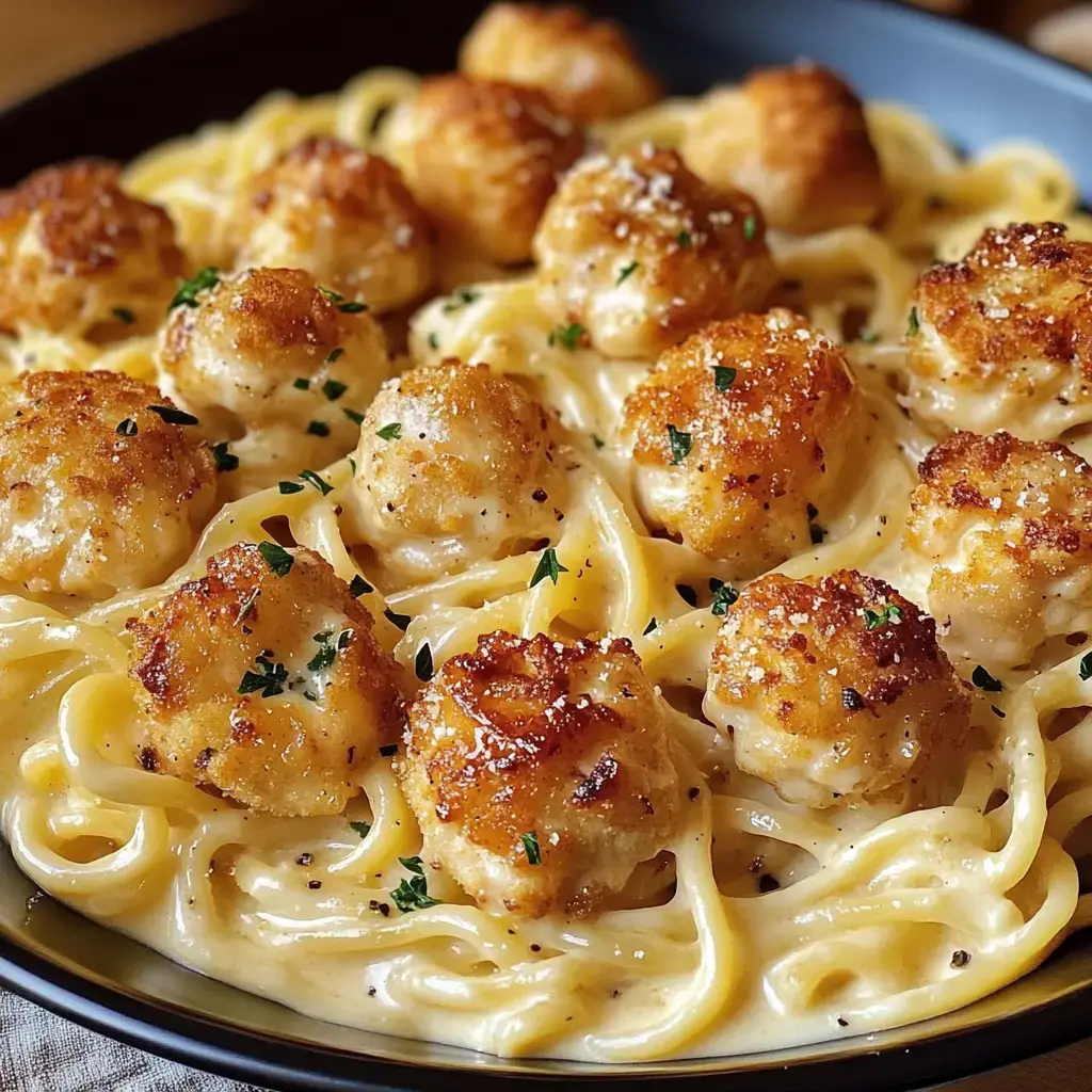 Creamy fettuccine pasta on a plate topped with crispy seared scallops and fresh herbs scattered on top.