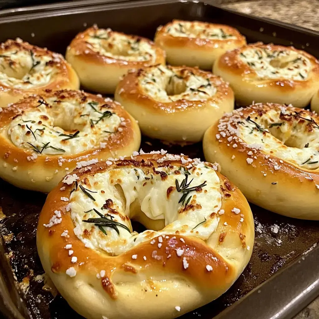 Fresh and shiny bagels decked with melted cheese, sea salt, and a sprinkle of herbs up close.