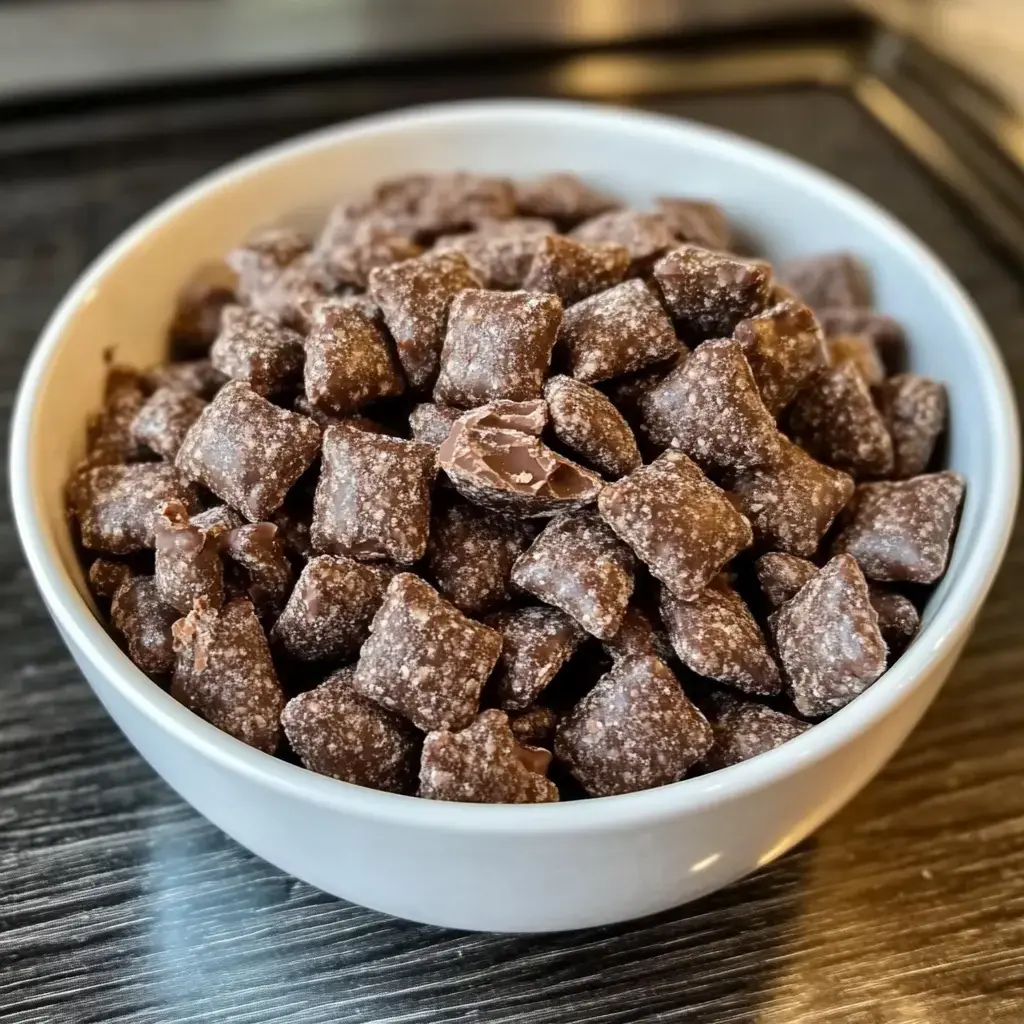 A zoomed in shot of a white bowl packed with little square chocolates.