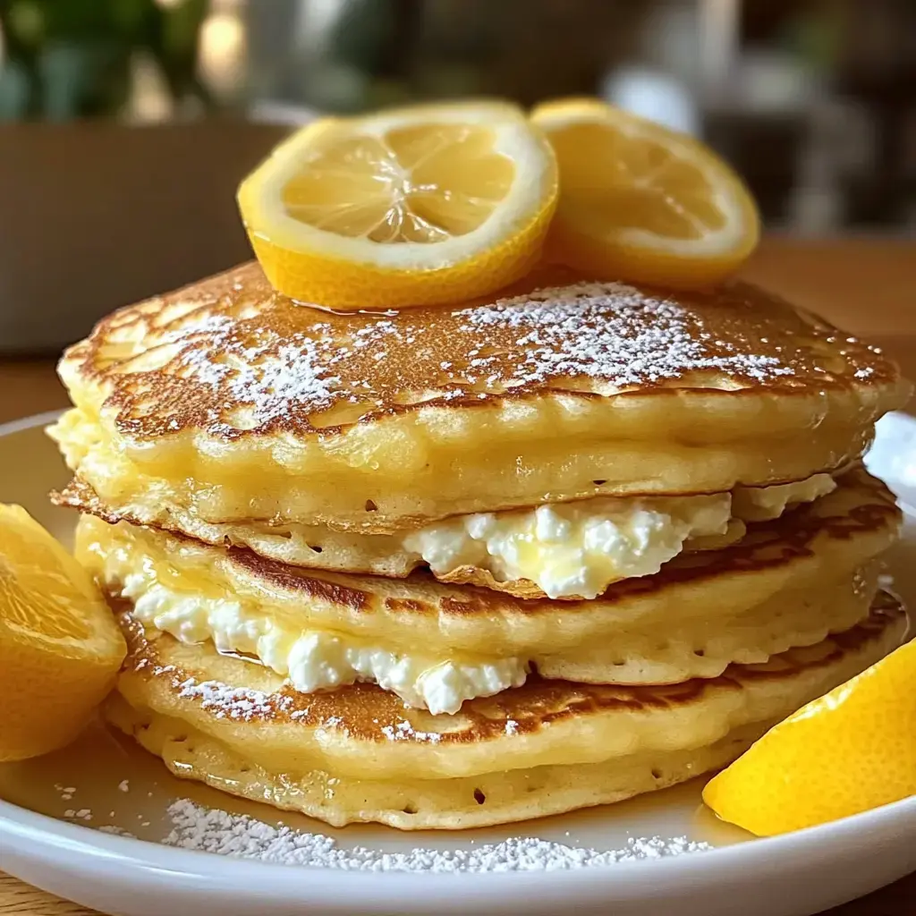 A big stack of airy pancakes stuffed with creamy cheese and lemon on top, sprinkled with powdered sugar.