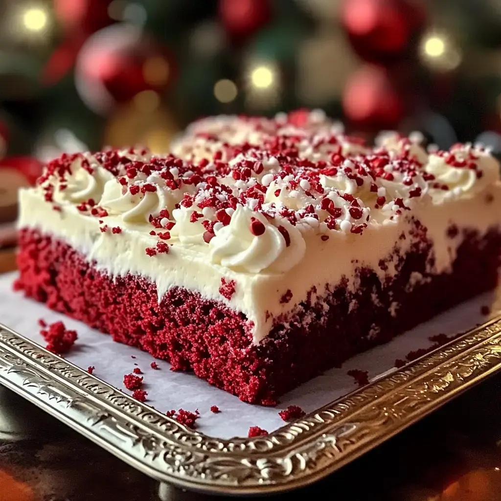 A bright red velvet dessert with a thick layer of cream cheese frosting and shiny red sprinkles, set on a tray with holiday lights behind.