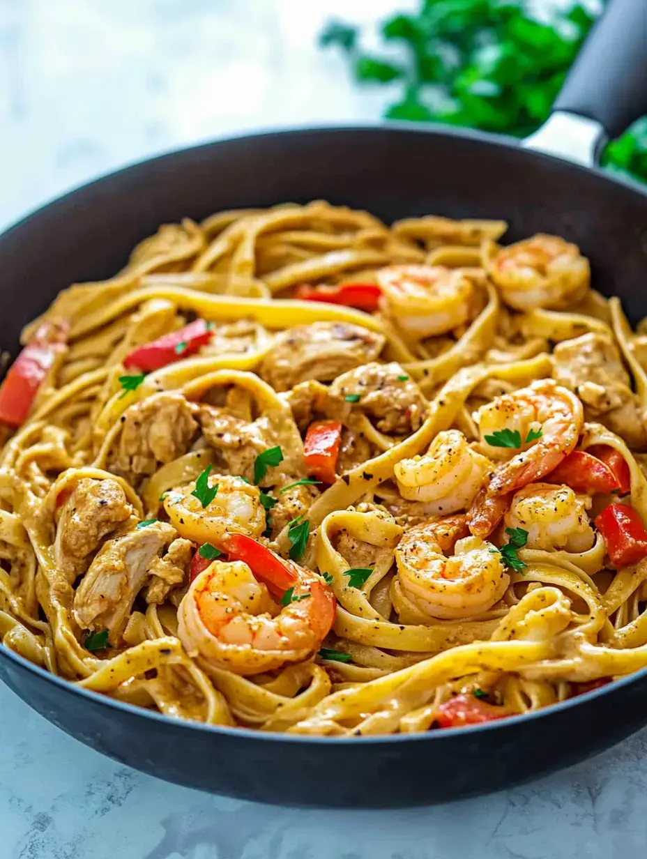A skillet showing creamy pasta mixed with juicy shrimp, chicken chunks, colorful red peppers and fresh parsley on top.