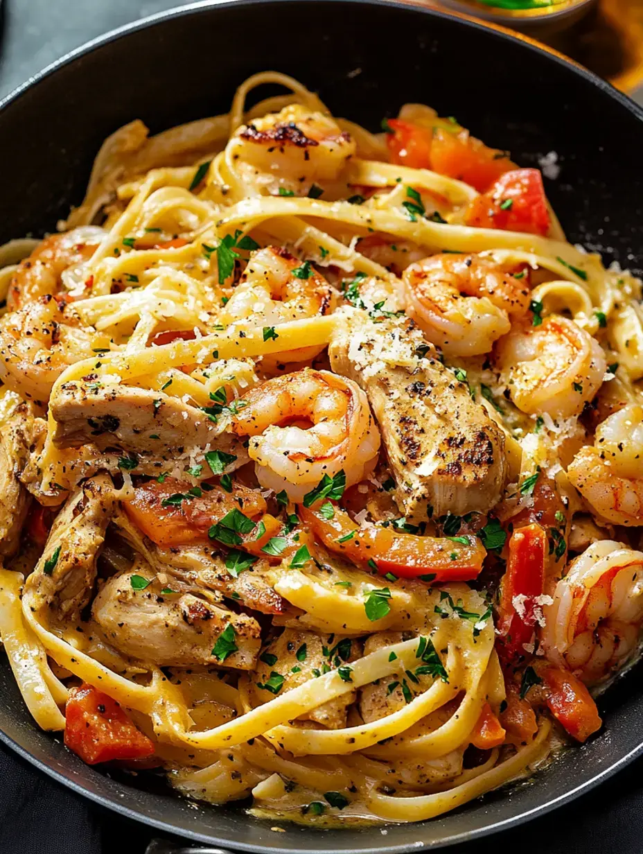 A bowl filled with fettuccine coated in sauce, loaded with plump shrimp, chicken pieces, and colorful bell peppers, topped with parsley and cheese.