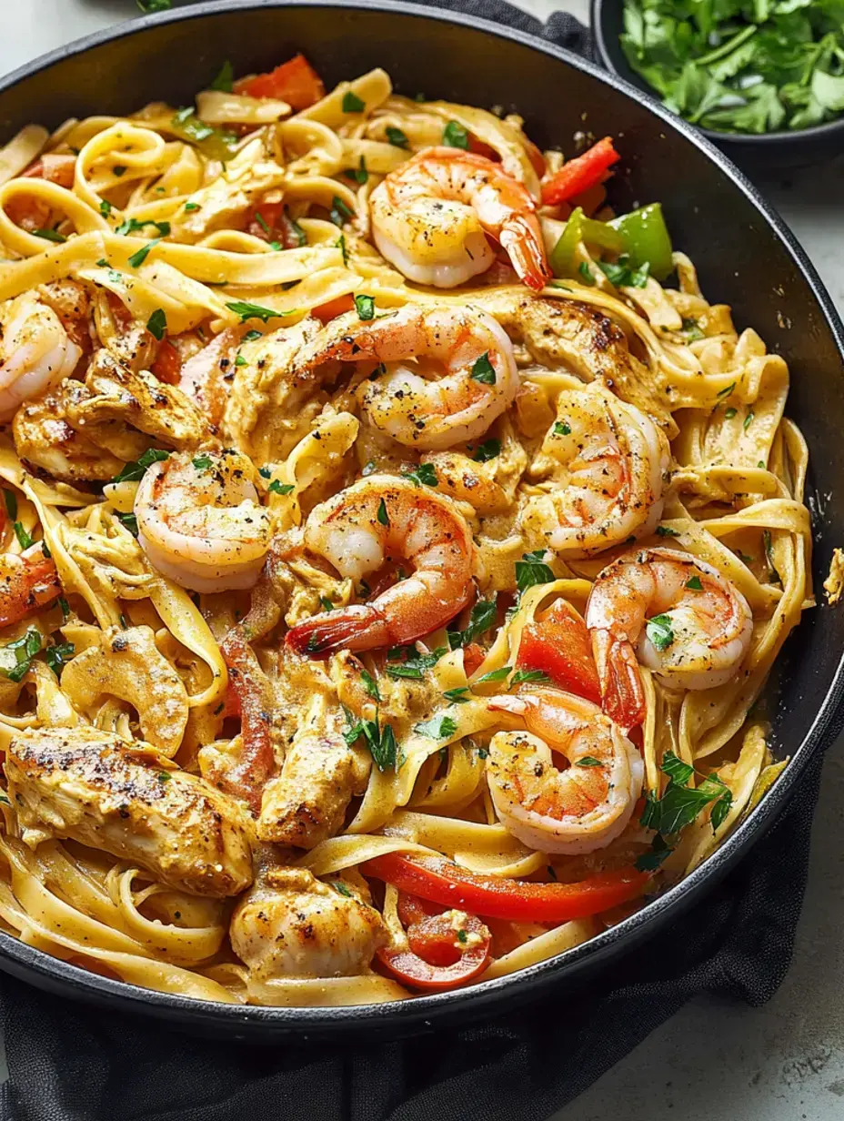 A black skillet containing creamy fettuccine mixed with juicy shrimp, chicken pieces and colorful bell peppers, finished with fresh parsley.