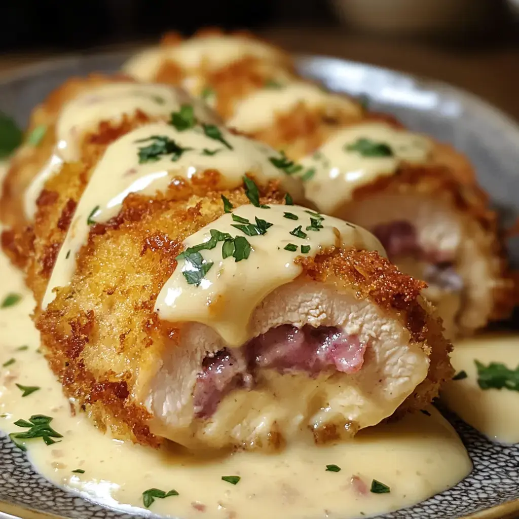 Breaded chicken rolls cut open, creamy sauce on top, a bit of parsley for color, all up close.