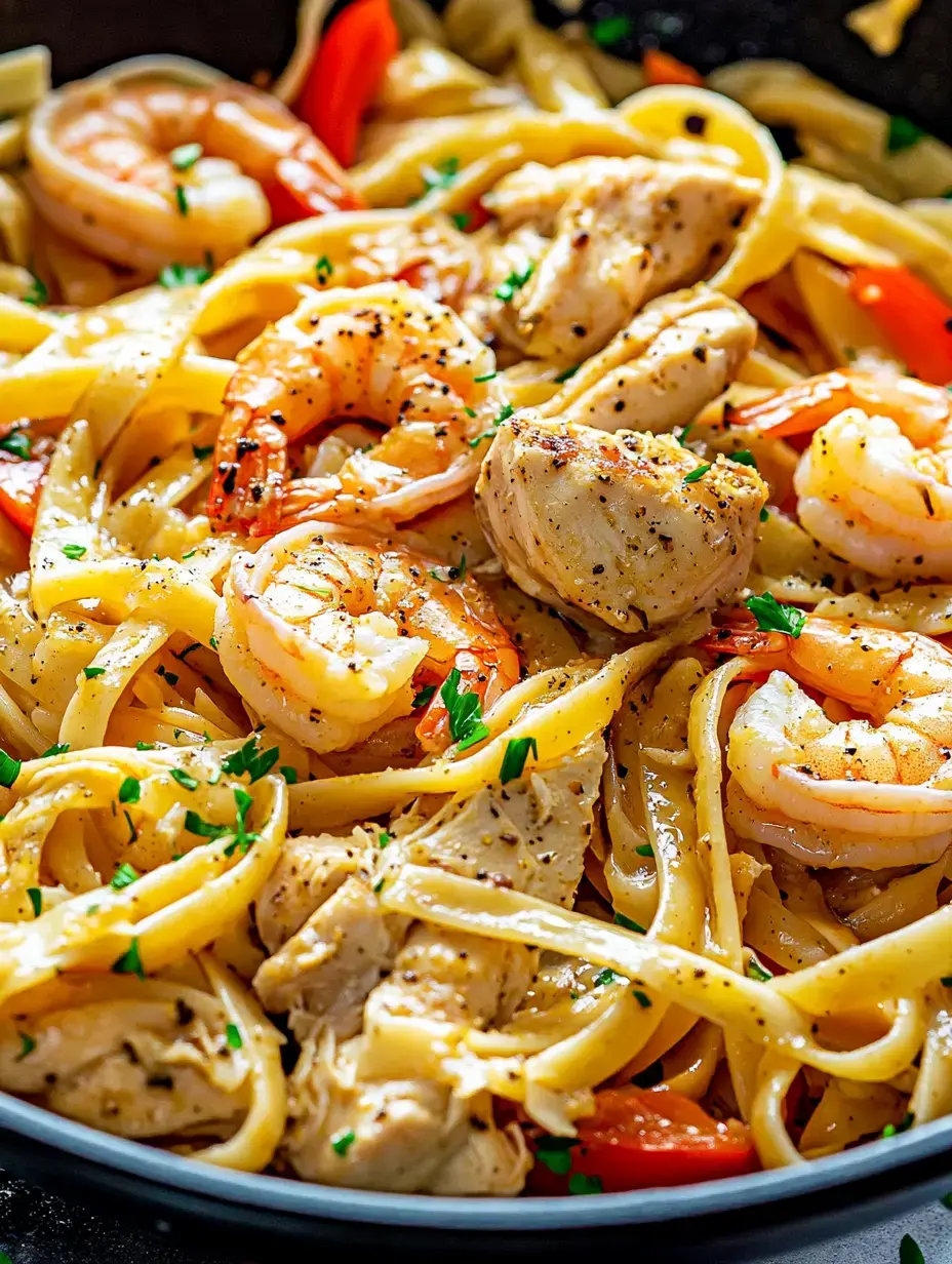 A close shot of fettuccine pasta tossed with tender shrimp, chicken pieces and bell peppers, garnished with fresh herbs.