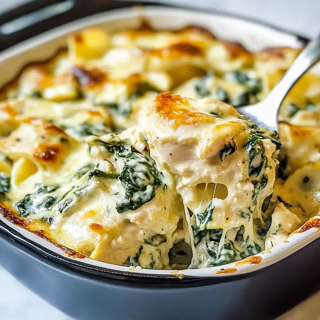 Cheesy chicken and spinach casserole bubbling in a black pan, cheese melted on top.