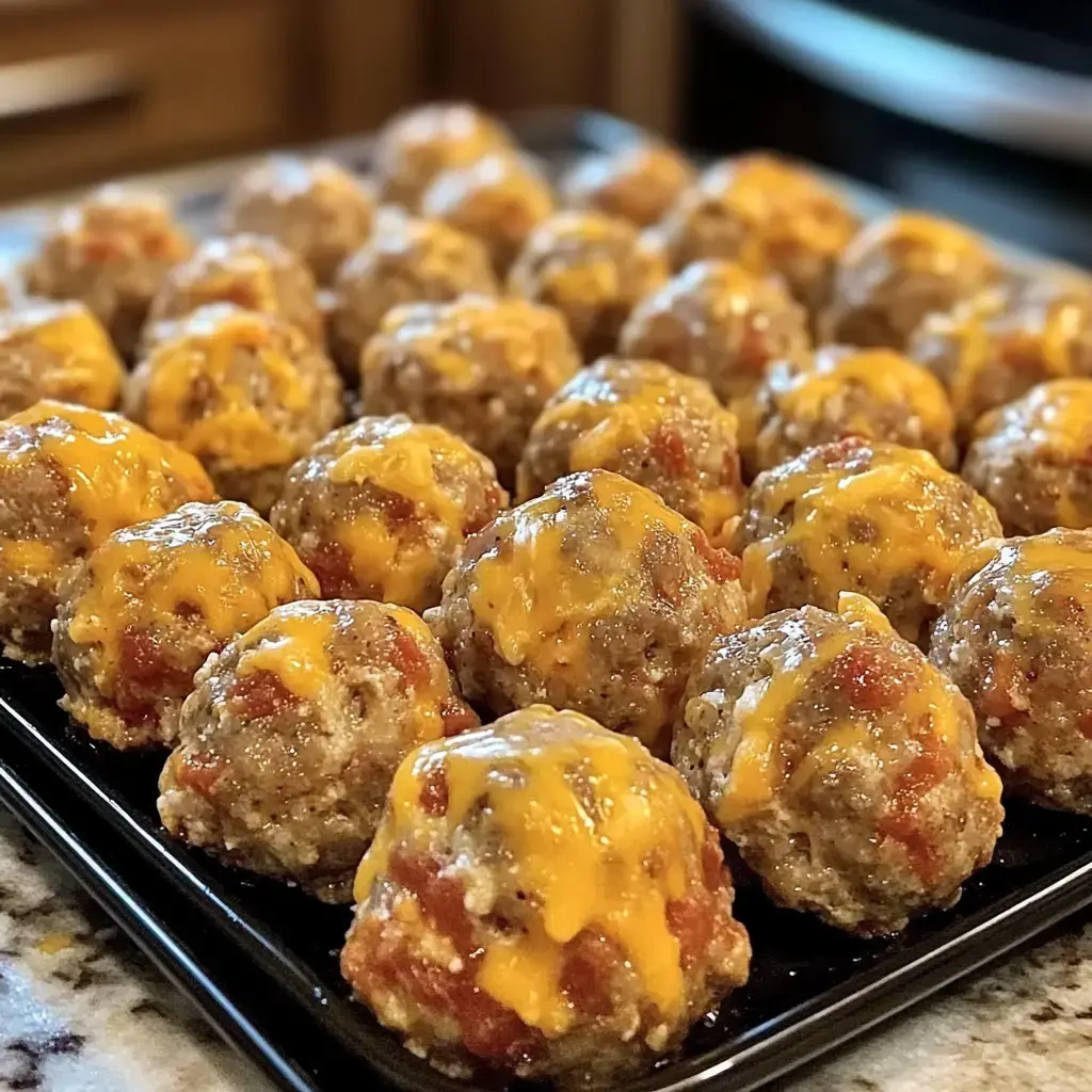 A platter piled with cheesy meatballs covered in a tomatoey sauce.