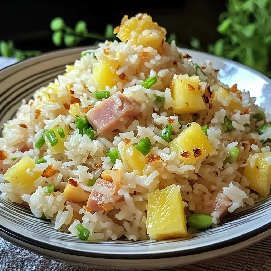 Close up of fried rice loaded with chunks of ham, pineapple, and green onion.