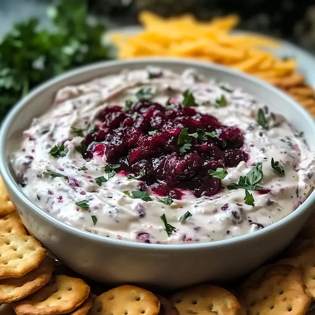 A creamy dip with cranberry and fresh herbs on top, surrounded by slabs of cheese and crunchy crackers.